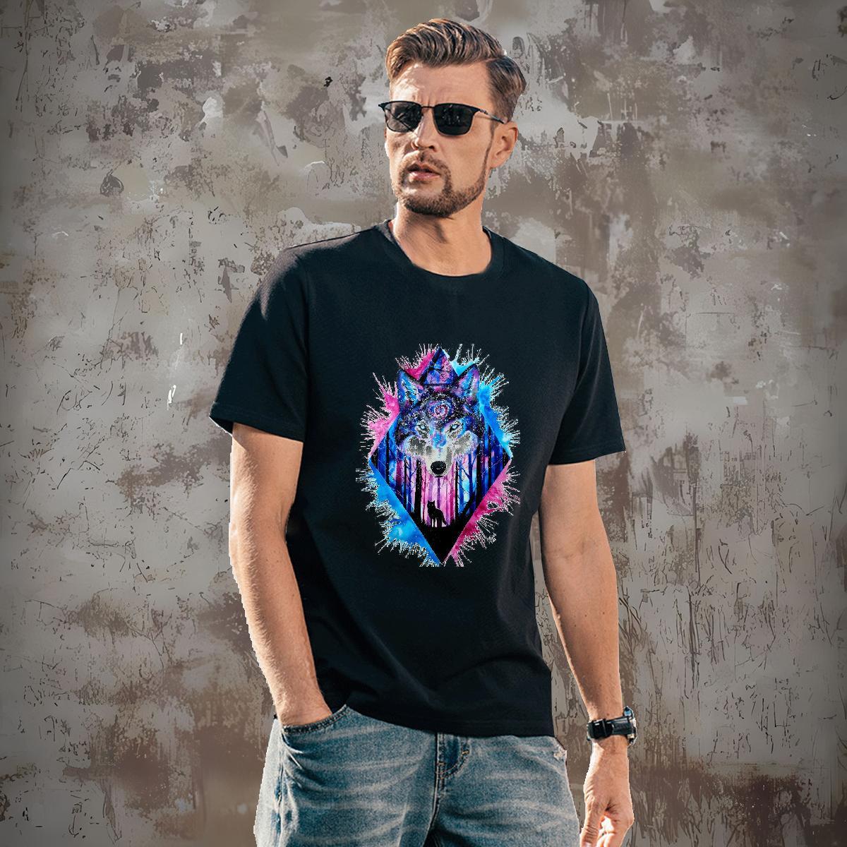 Comfortable T-Shirts for Men wolf Crew Neck Outdoor Asian Size 230g Cotton Tshirts 2024 Designer Clothings