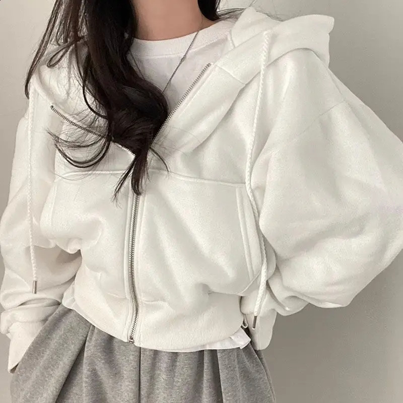 QWEEK Korean Fashion Autumn Cropped Hoodie Women Short Warm Zipper Jacket Retro Hooded Zip-up Oversize Sweatshirt Casual Female 240812