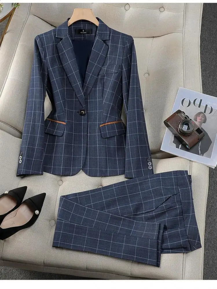SpringAutumn Vintage Plain Elegant Jacket and High Waist Wide Leg Pants Two Piece Womens Set Business Clothes 240812