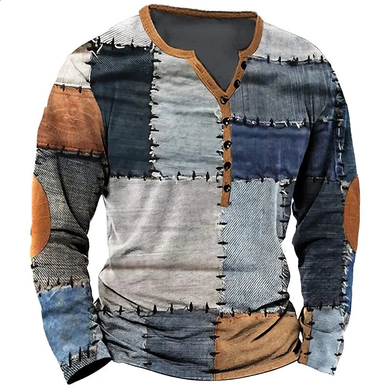 Patchwork Denim Vintage T-Shirt For Men Patchwork Grid Graphic T Shirts 3D Printing Long Sleeve Tee Oversized Man Clothing Tops 240812
