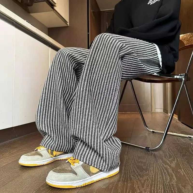 American retro black vertical striped casual pants for men and women trend lazy loose drawstring straight leg wide leg pants y2kXJ240813