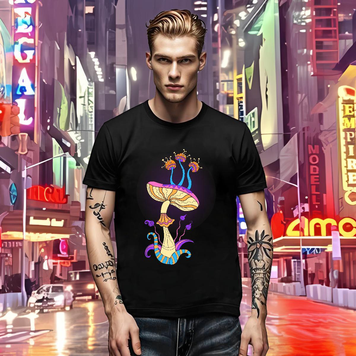 DIY Men Tees mushroom Street Casual 230g Pure Cotton Top Tees Breathable Crew Neck Cool T Shirt For Man Black White