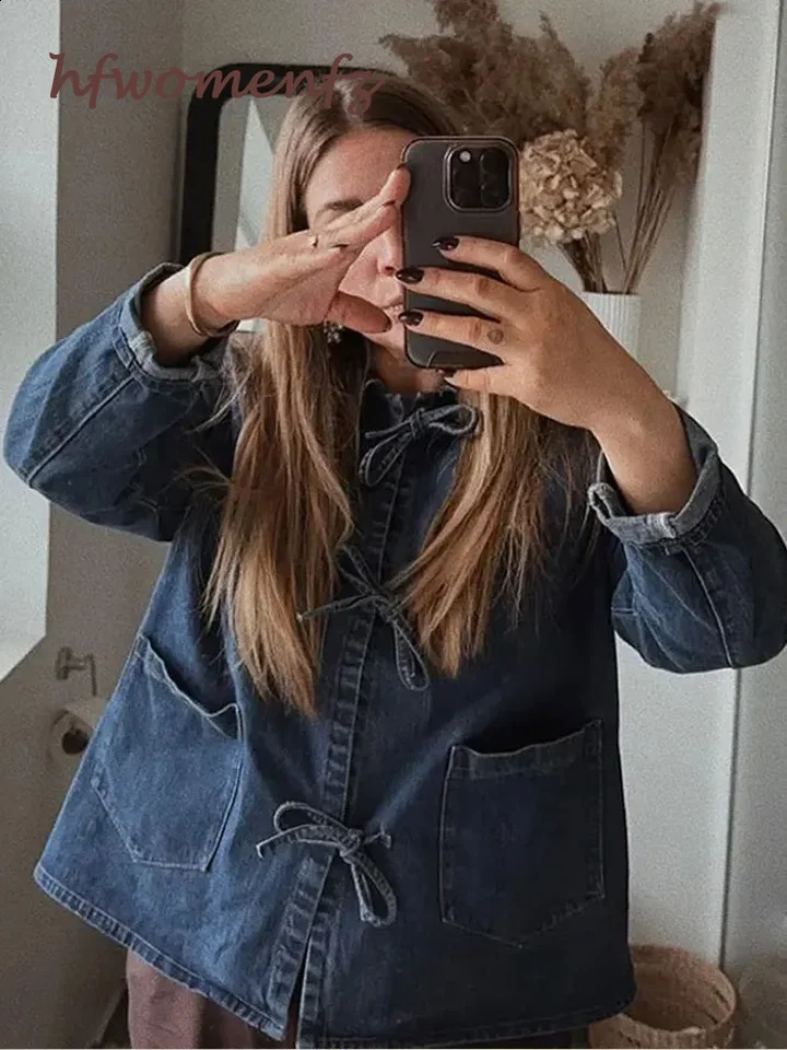Lace Up Bow Denim Shirt Women Causal Long Sleeve Pocket Turn-down Collar Loose Blouses Top 2024 Spring Solid Office Lady Clothes 240812