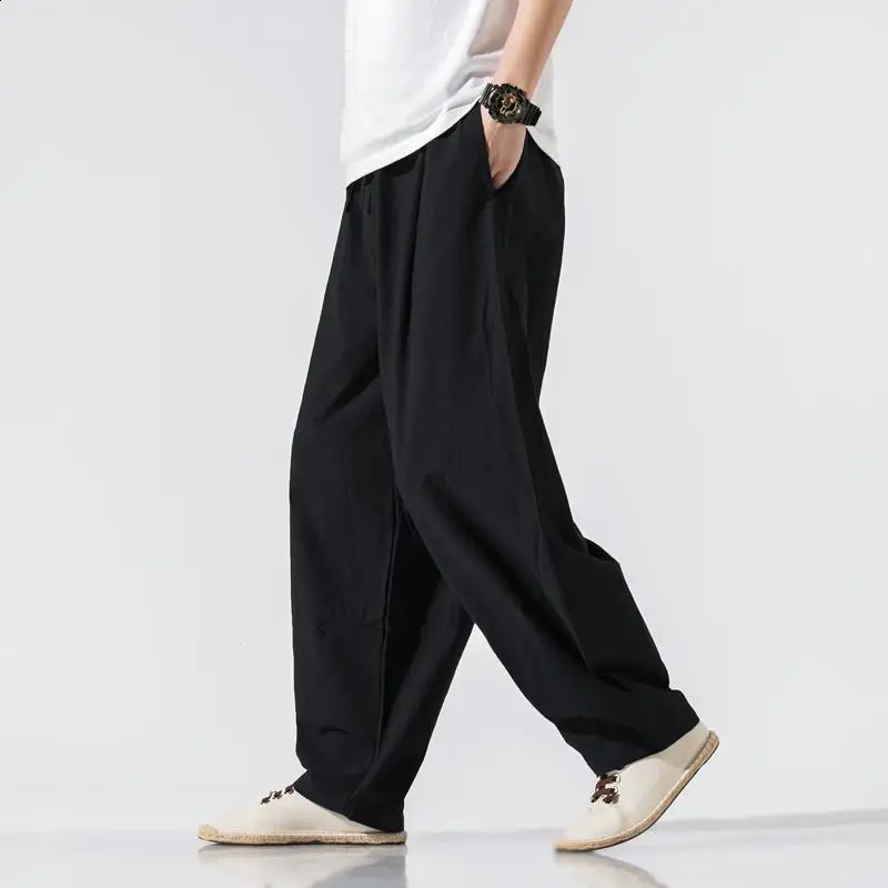 Men Clothes Summer Japanese Casual Streetwear Harajuku Cotton Linen Baggy Pants Male Solid Oversized Bloomers Trousers M-5XL 240813