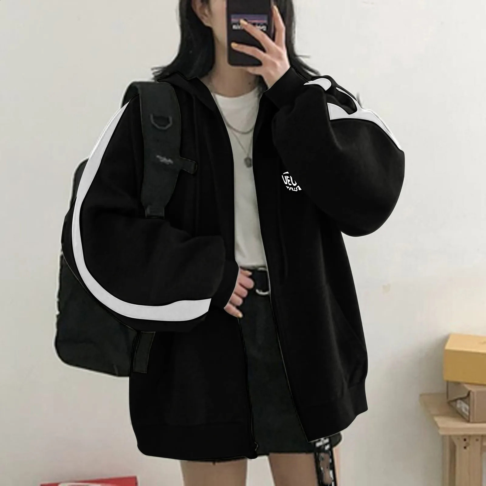 Harajuku Women Sweatshirts Korean Version Oversized Solid Zip Up Hoodies Jacket Retro Long Sleeve Fleece Hooded Sweatshirt Coats 240812