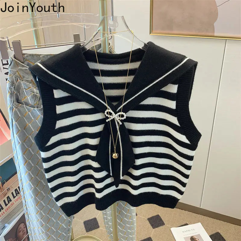 Sweet Korean Sweater Vest Women Chic Sailor Collar Sleeve Striped Tops Preppy Style Bow Sleeveless Knitted Cachemira Mujer 240812