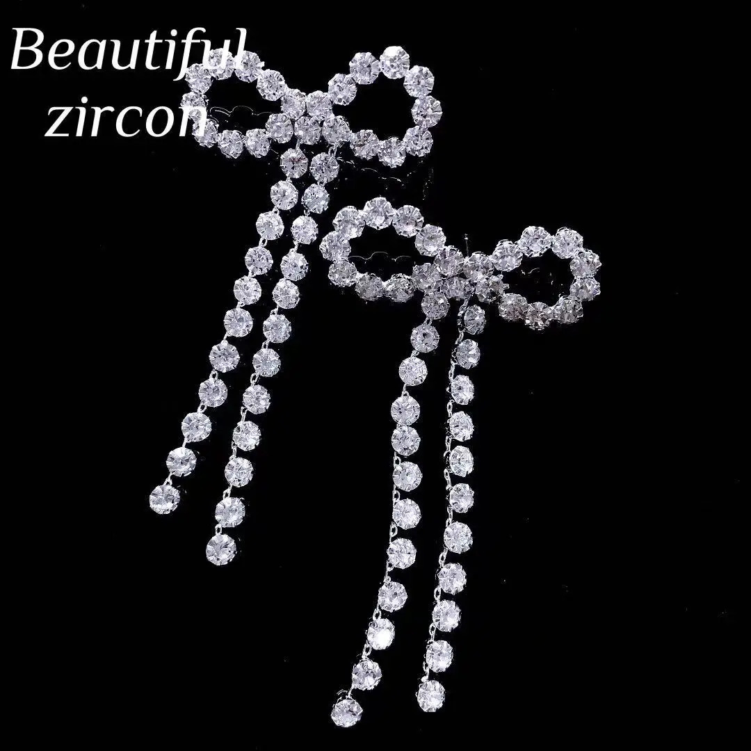 Fashion Womens Rhinestone Bow Earrings Sparkling Crystal Zircon Pendant Earrings Bridal Wedding Jewelry Party Gift Earrings 240810