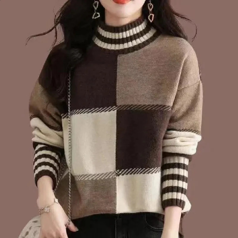 Womens Jumper Plaid Patchwork Turtleneck Sweater Autumn Winter Loose Casual Long Sleeve Thick Knitted Top Female Wool Knitwear 240812