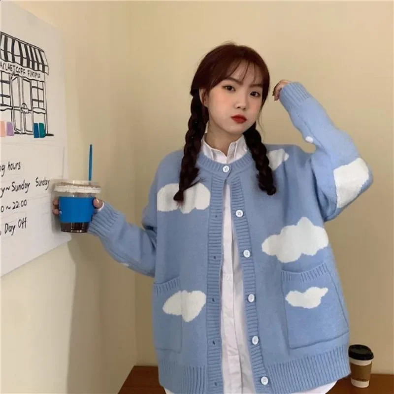 Korean Sweet Blue Sky Cloud Y2k Cardigan Women Preppy Style Loose Knitted Sweaters Coats O Neck Fashion Pockets Pull Femme 240812