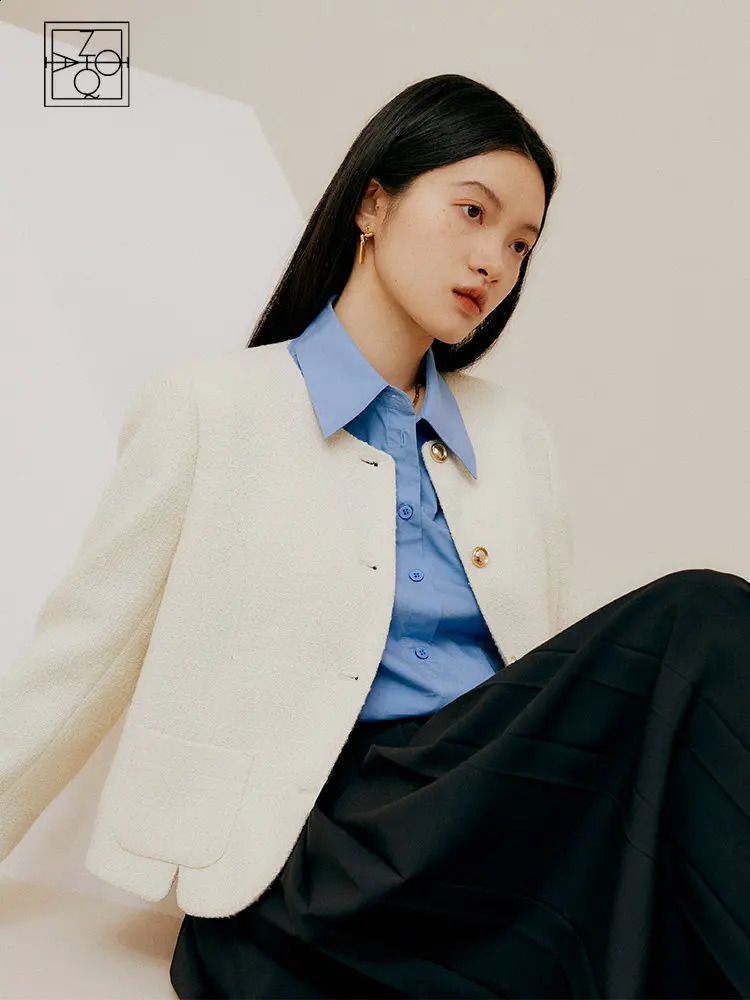 ZIQIAO Women Spring Tweed Jackets Round Neck Single Breasted Short Coats White Office Lady Straight Women Jacket 240812