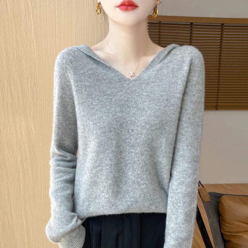 100% Merino Wool Knitted Hoodie Spring Autumn Womens Clothing First-line Hooded Collar Knitted Pullover Shirt Fashion Tops 240824