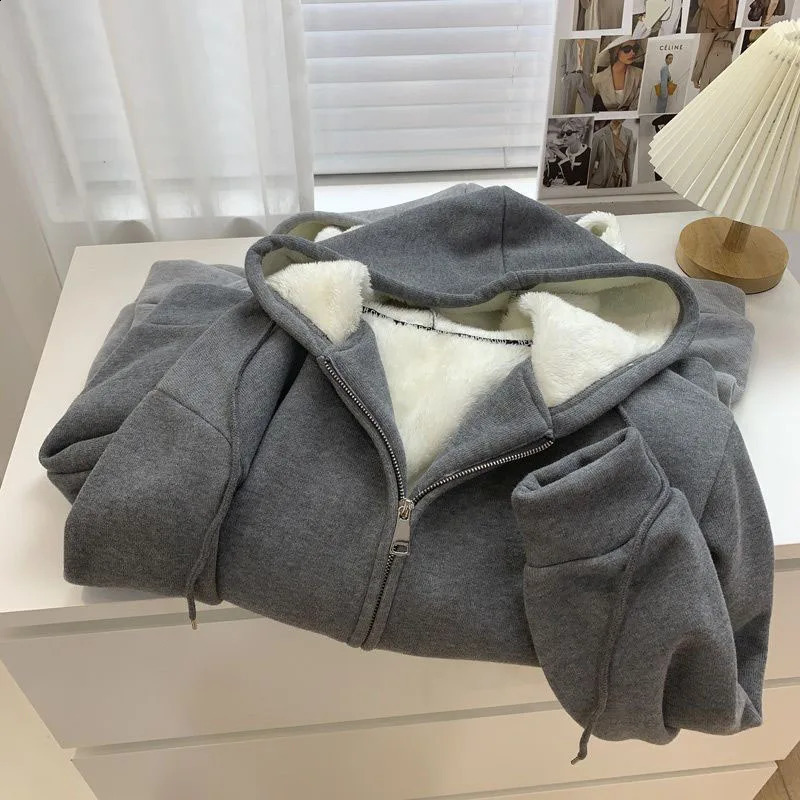 Xpqbb Casual Plus Velvet Hooded Zip-Up Coat Women Long Sleeve Thicken Warm Sweatshirt Women Autumn Winter Fleeced Clothing 240812