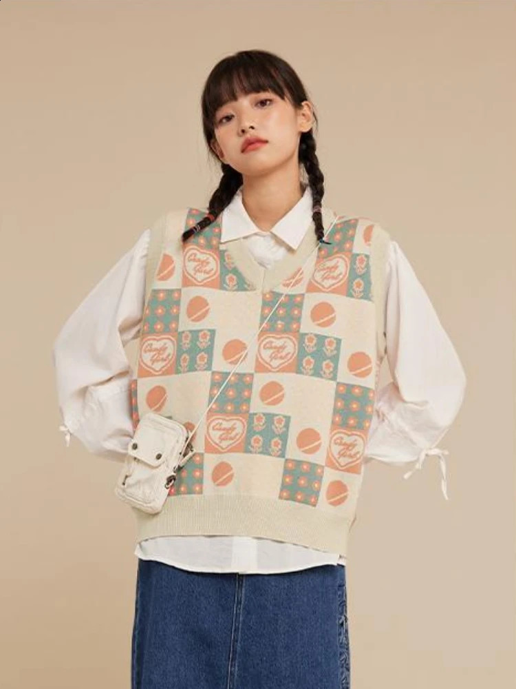 HOUZHOU Kawaii Preppy Style Sweater Vest Y2k Women Sweet Pink Loose Floral V-Neck Knitted Pullover Sleeveless Plaid Outerwear 240812