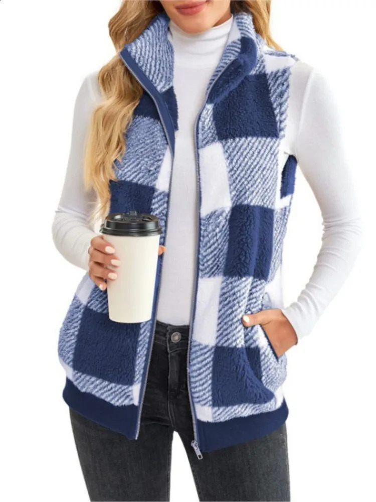Autumn Winter Plaid Fleece Hoodie Vest Womens Cardigan Fashion Stand Collar Simple Casual Pocket Sleeveless Female Office Coat 240813