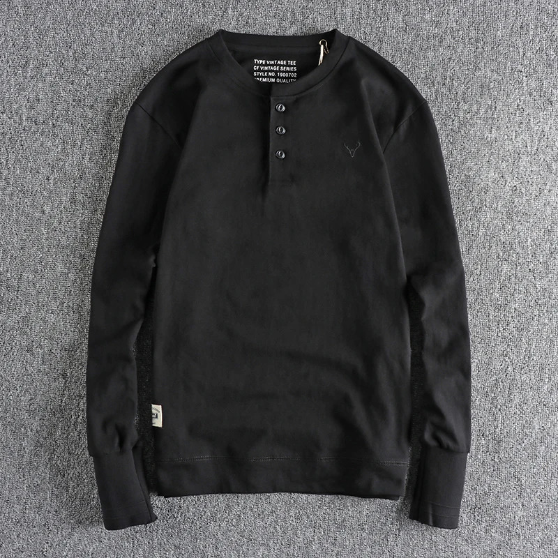 Autumn American Retro Long Sleeve Henry Collar Embroidery T-shirt Mens Fashion Pure Cotton Washed Slim Youth Casual Tops 240812