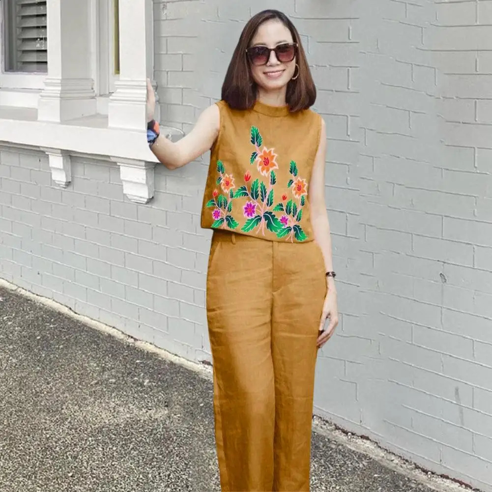 Summer Cotton Womens Set Sleeveless O-Neck Tank Top Wide Leg Pants Two Piece Sets Women Outifits Oversize Clothes Outfits 240813