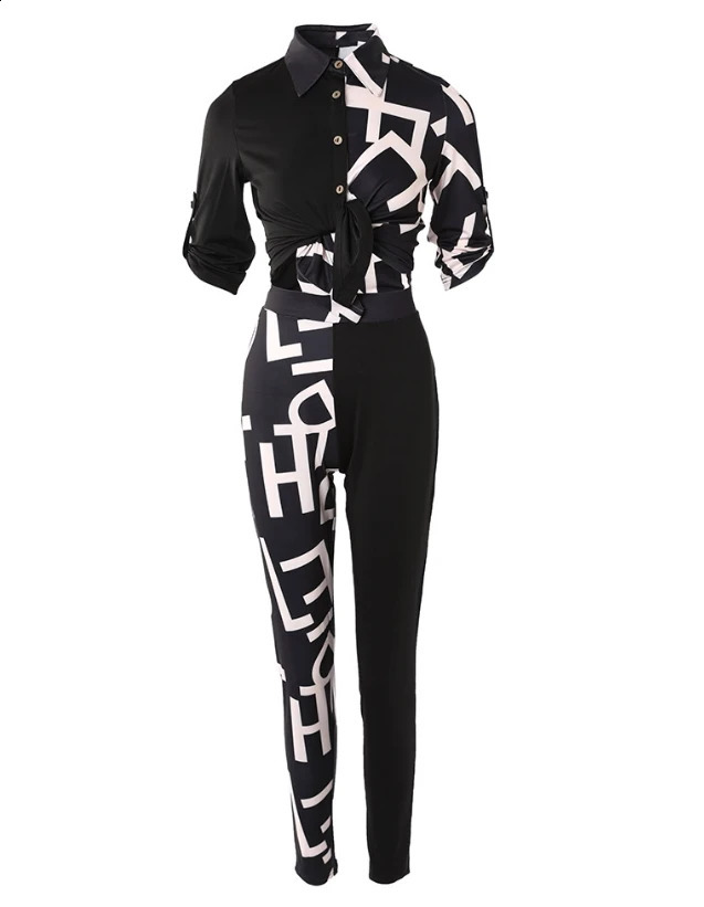 Female Casual Clothing Letter Print Colorblock Knotted Top High Waist Pants Set Commuting Womens Fashion Two Piece Outfits 240813
