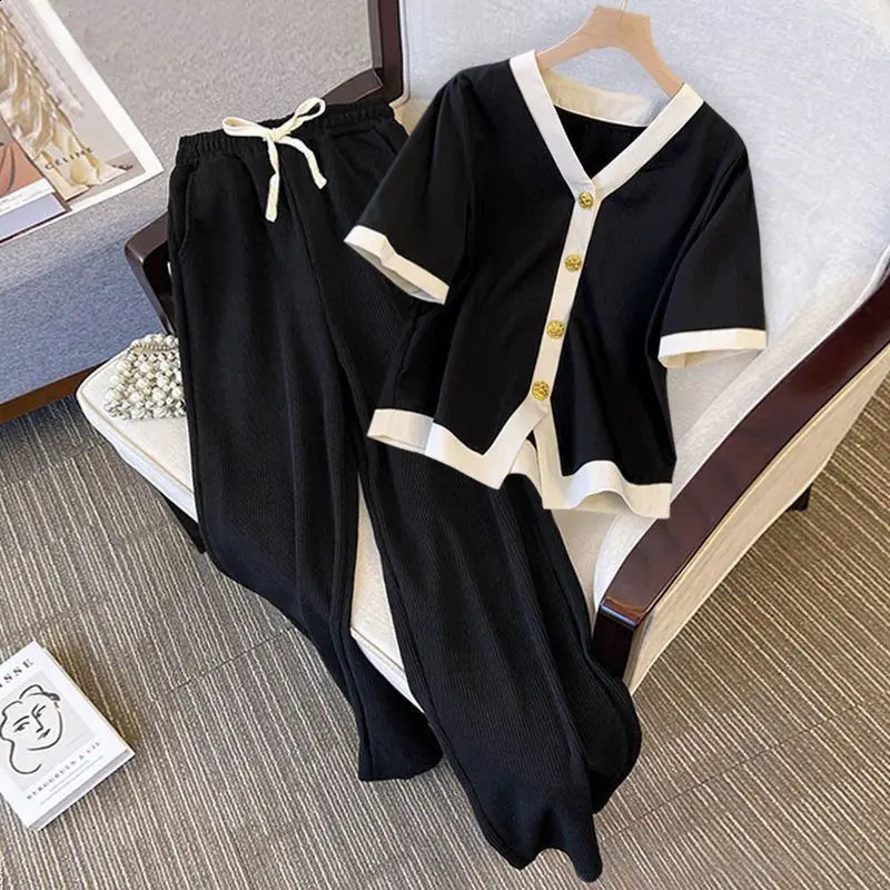 Large Size Summer Short Sleeved Fashionable Slimming and Flesh Covering Casual Wide Leg Pants Two-piece Set for Women 240813