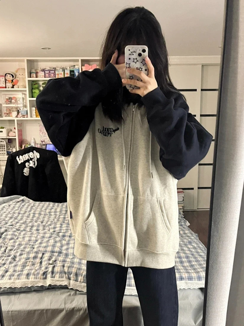 Zip Up Hoodies Women Oversized Harajuku Hooded Sweatshirt Female Autumn Korean Fashion Outwear Vintage Patchwork Coats Ladies 240812