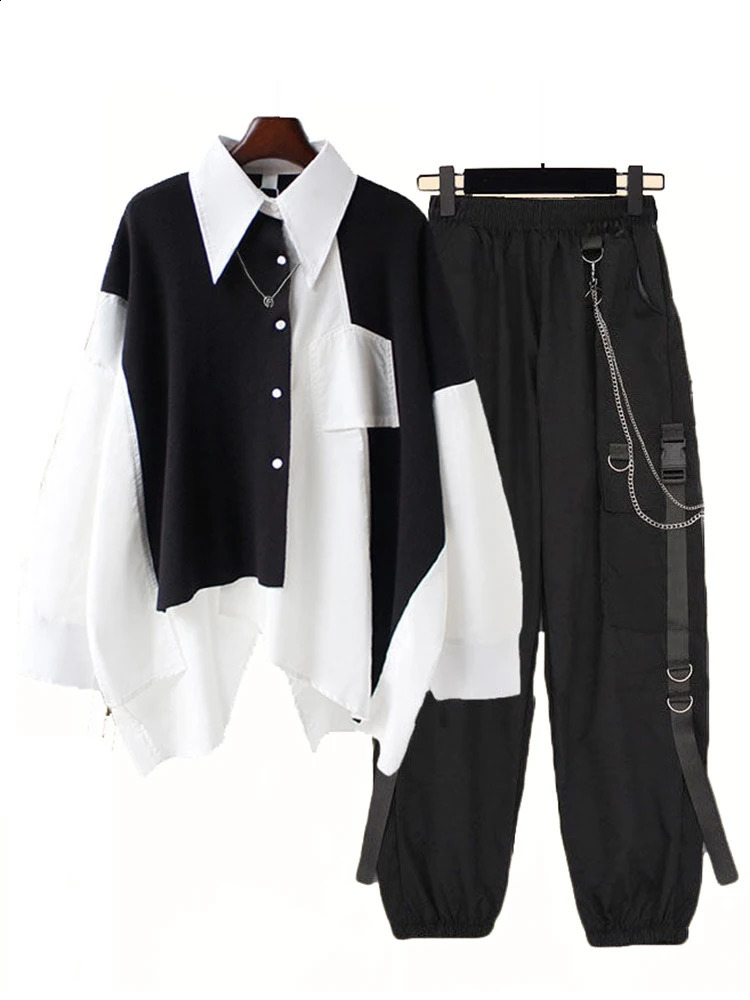 Women Streetwear Two-piece Suit Splice Chain Long SleeveRibbon Chain Pants Harajuku Cargo Pants 2 Piece Sets Womens Outfits 240813