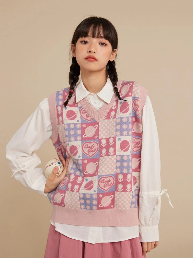 HOUZHOU Kawaii Preppy Style Sweater Vest Y2k Women Sweet Pink Loose Floral V-Neck Knitted Pullover Sleeveless Plaid Outerwear 240812