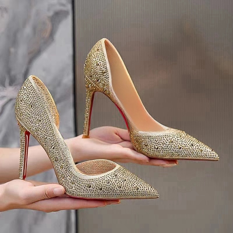 Designer Shoes Luxury Diamond Bottom Makeup Goddess Sandals Charm Pointed Shallow Mouth Wedding Shoes High Heels
