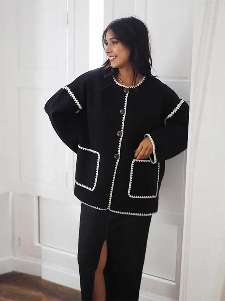 Vintage Color Contrast Tweed Jacket Women Elegant O-neck Long Sleeve Coat Casual All Match Vintage Female Outerwear Tops 240812
