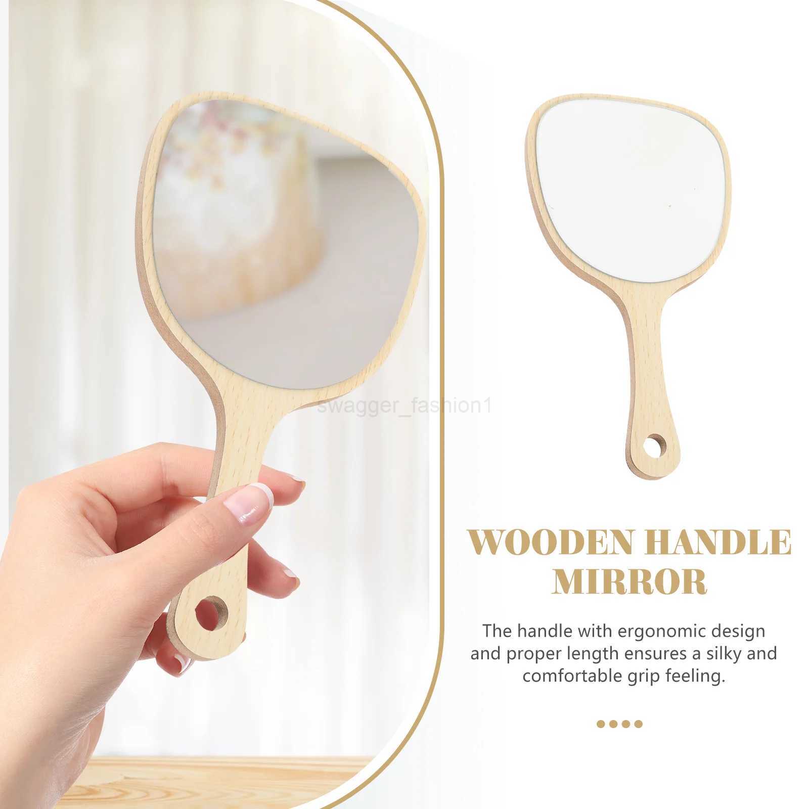 Women Wooden Makeup Beauty With Handle Bathroom Khaki Mirror Wall Mounted With Hook Hole For Makeup Home Salon Travel UseXJ240813