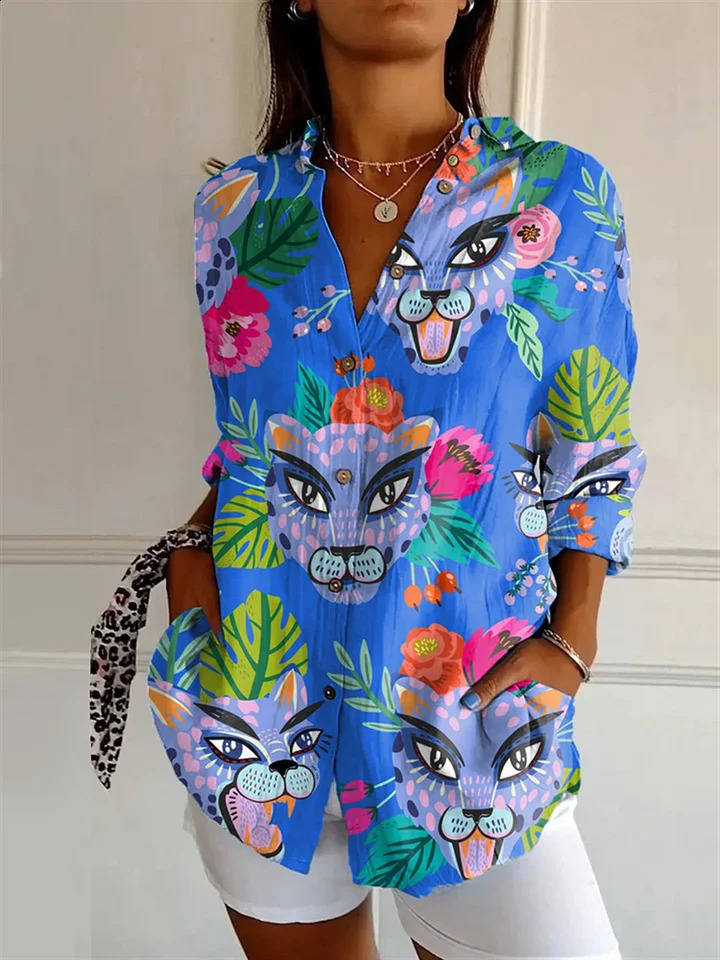 Summer Women Cute Dog Cat Print T Shirt Women Fashion Trend Tops Ladies Casual Short Sleeve Clothing Girls Lapel T Shirt S 240813