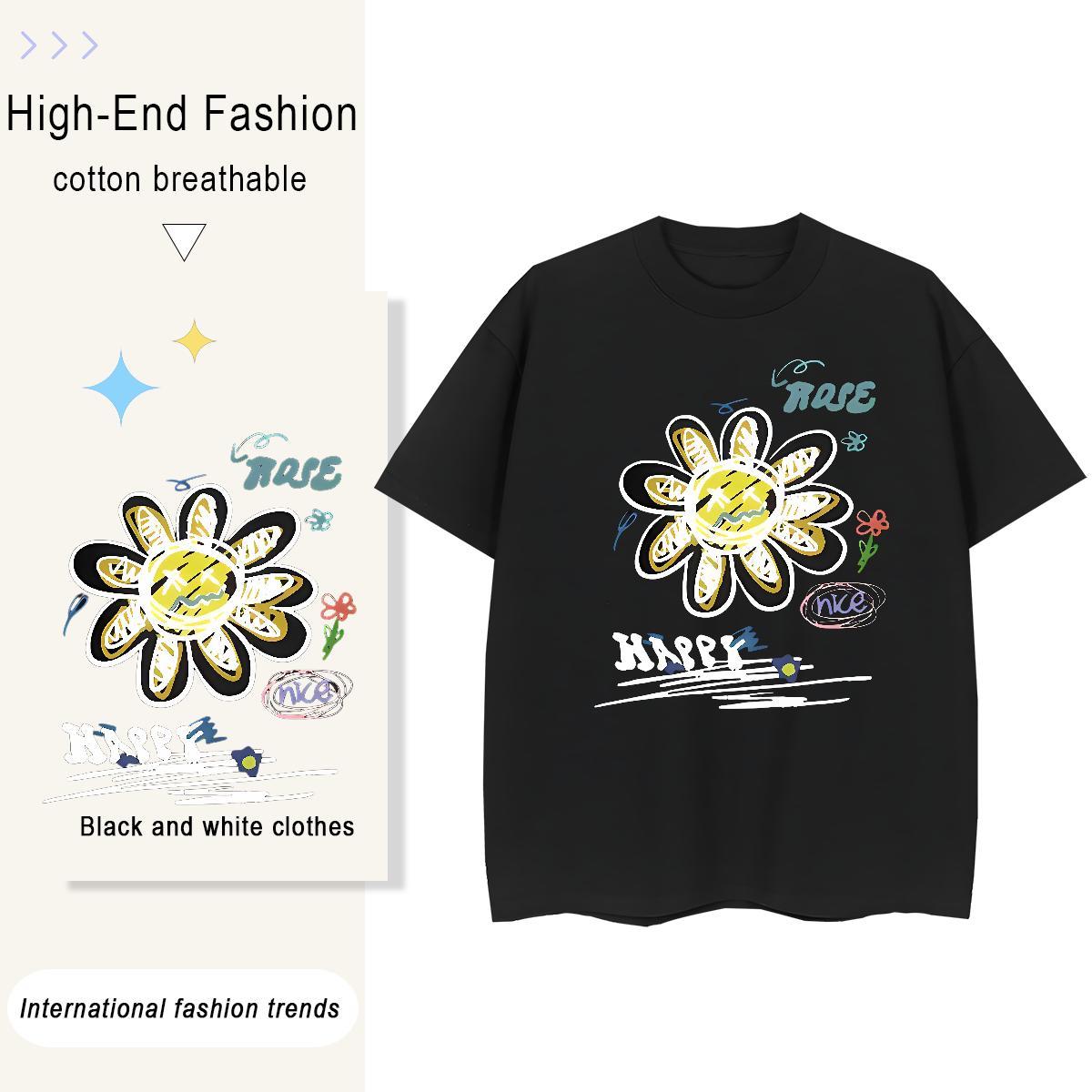 Loose Tshirts Anime Printing Street 230g Pure Cotton Oversized 3XL 4XL O-Neck Short Sleeve flower T Shirts Men Wholesale Clothings