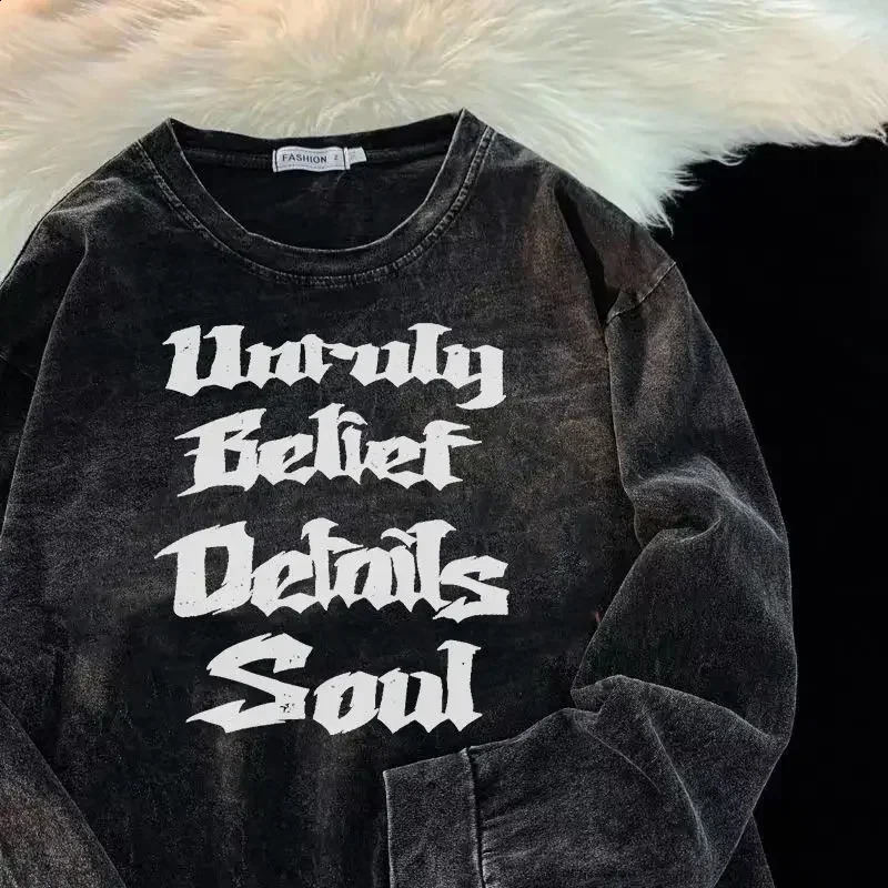 Foufurieux Punk Cotton Long-sleeved T-shirt Men Spring Autumn American Retro Letter Print Oversize Washed Distressed Sweatshirt 240812