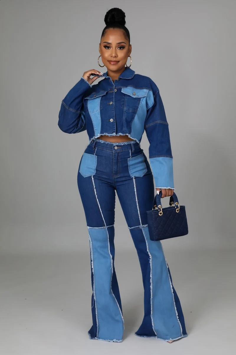 Womens Matching Set Denim Patchwork Vintage Short Jacket and Flare Pant Two Piece Set Outfit Autumn Casual Y2K Fashion Sets 240813