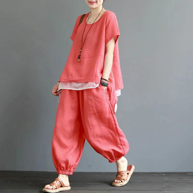 Cotton Linen Pants Sets Oversized O-neck Short Sleeve T-shirt and Harem Pants Women Summer Vintage Casual Loose Two Piece Set 240813