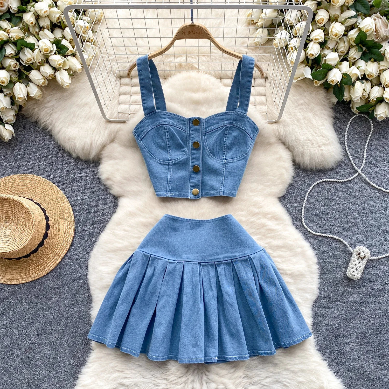 Female Chic Retro Suits Strap Button Elasticity Short TankPleated Mini Skirt Fashion sweet Denim Two Pieces Set 240812