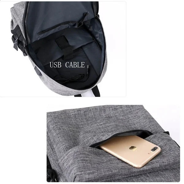 Fashion BlackGrey Mens Laptop Backpack Travel School with USB Charging Port 240813