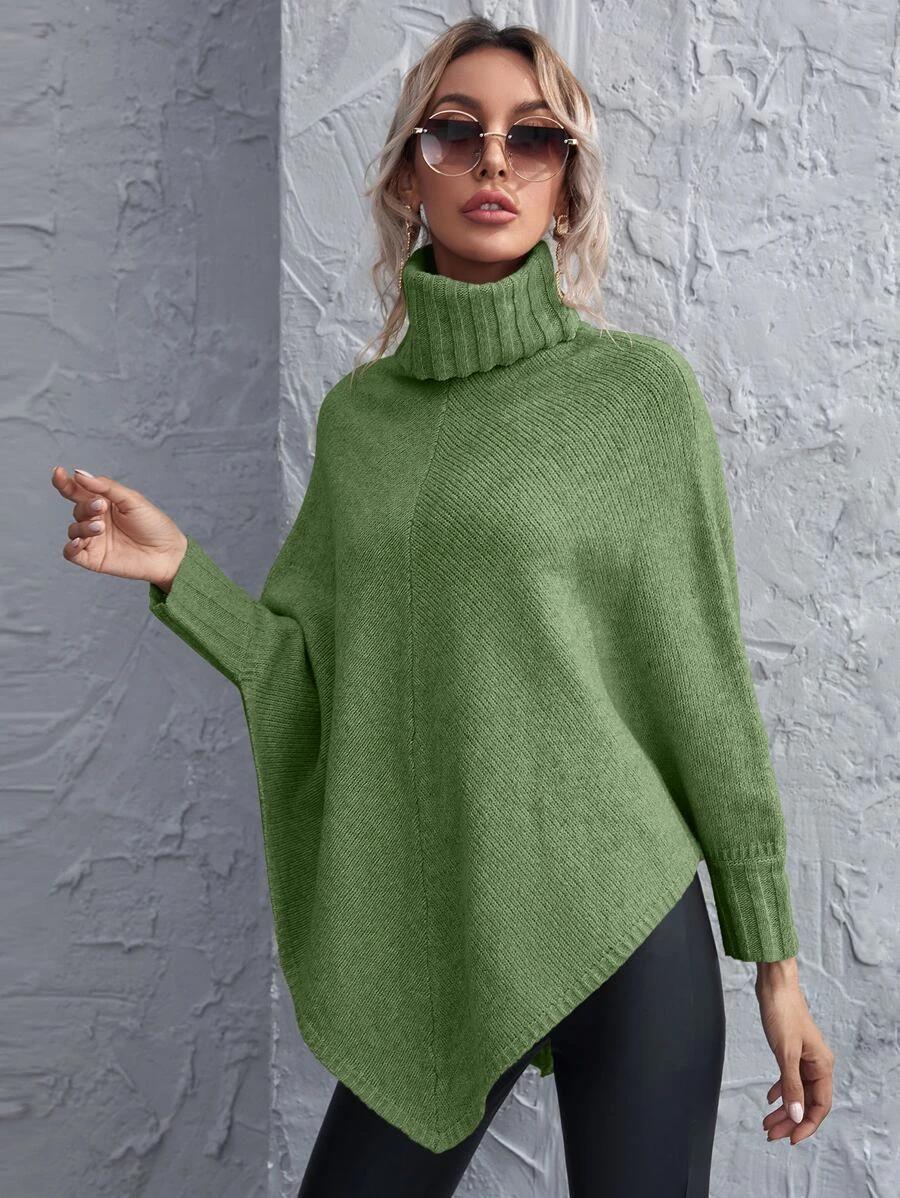 Autumn/Winter High Neck Top Long Sleeve Solid Color Off Shoulder Irregular Knitted Sweater Coat
