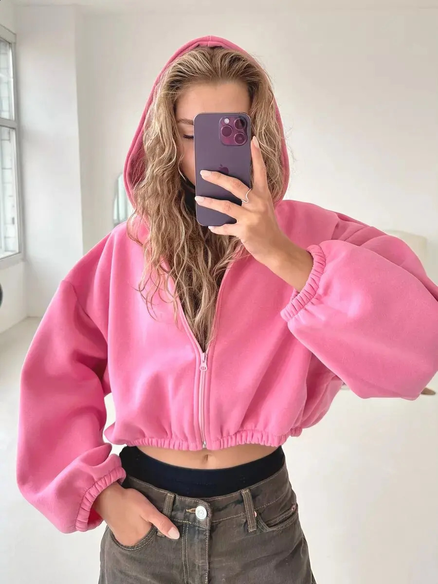 Womens Fashion Zipper Hooded Short Sweatshirt Y2K Solid Color Short Long-sleeved Cardigan Loose Waist Coat 240812