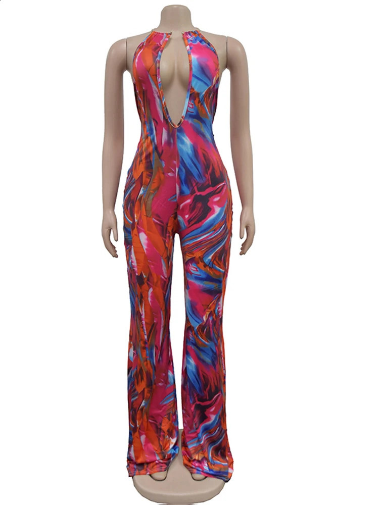 Beyprern Tropical Halter Neck O-Rings Metal Jumpsuits One Piece Outfits Beautiful Backless Printed Wide Leg Rompers Overalls 240813
