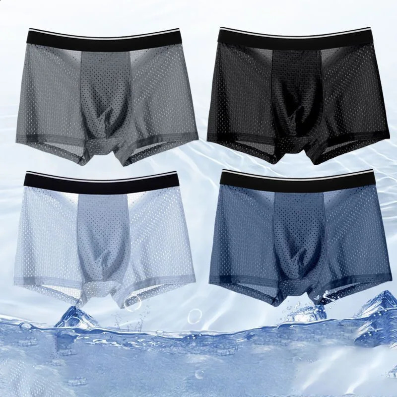 10PcsSet Mens Underwear Ice Silk Men Boxer Shorts Breathable Mesh Boxershorts Seamless Male Underpants Plus Size 4XL 5XL 240812