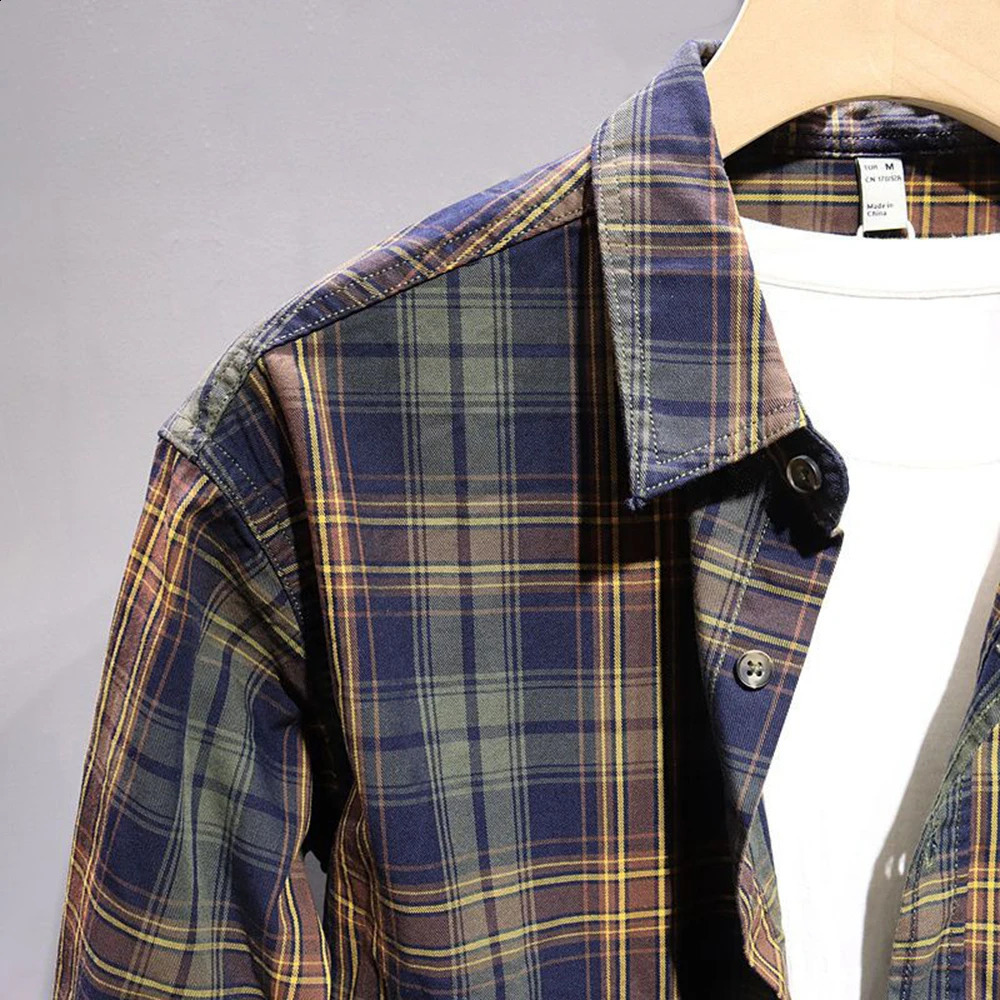 SpringSummer Mens Casual Shirt Retro Japanese Style Simple and Comfortable Splicing Long Sleeve Loose Flat 240812
