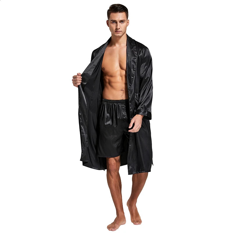 Tony Candice Mens Satin Robe Lightweight Long Sleeve Silk Kimono Bathrobe with Shorts Set Sleepwear 240812
