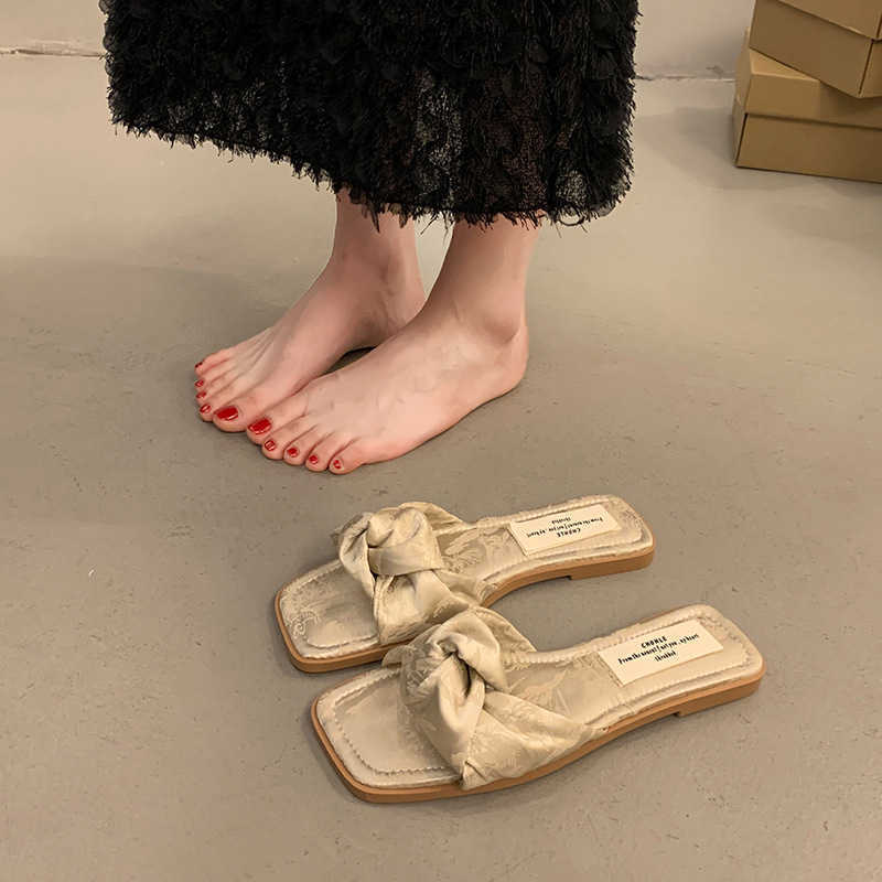 Slippers For Women Exuding Luxury Outdoor Pleated Slippers With Exposed Toes Half Slippers Paired With Skirts