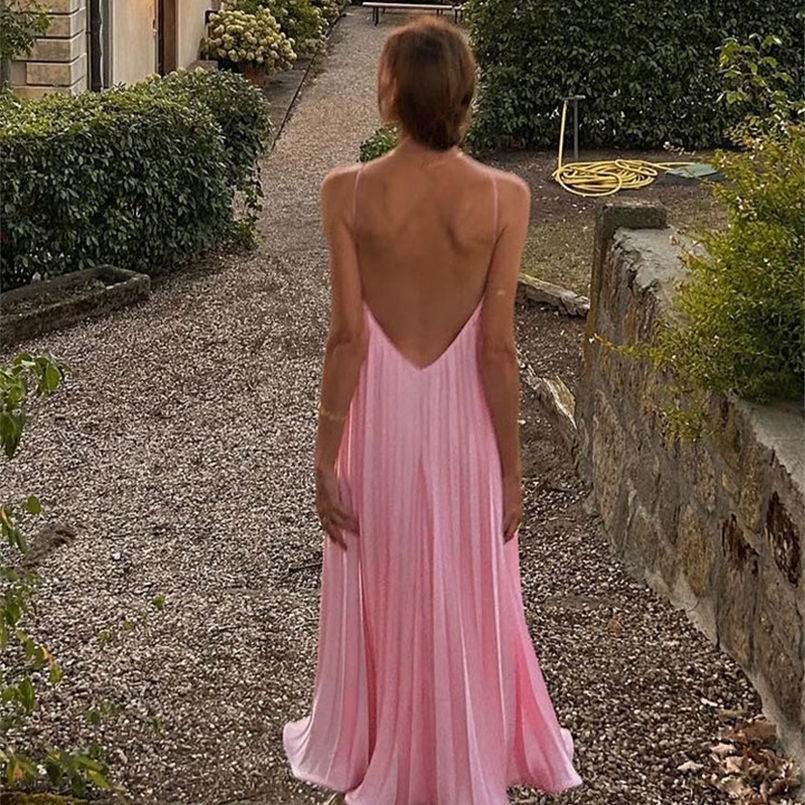 Chic Romantic Spaghetti Strap Long Dress For Women Elegant Sleeveless Backless Vestidoes Summer Fashion Beach Evening Robe 240812