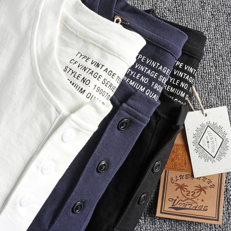 Autumn American Retro Long Sleeve Henry Collar Embroidery T-shirt Mens Fashion Pure Cotton Washed Slim Youth Casual Tops 240812