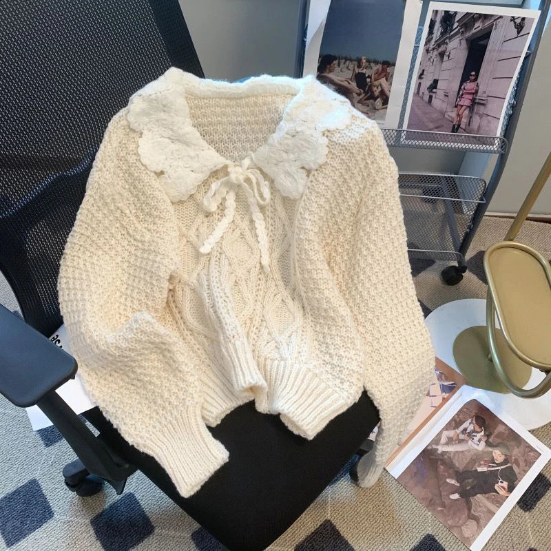 Japanese Sweet Pullovers Peter Pan Collar Contrast Color Lace Up Autumn Knit Sweaters for Women Preppy Style All Match Clothing 240812
