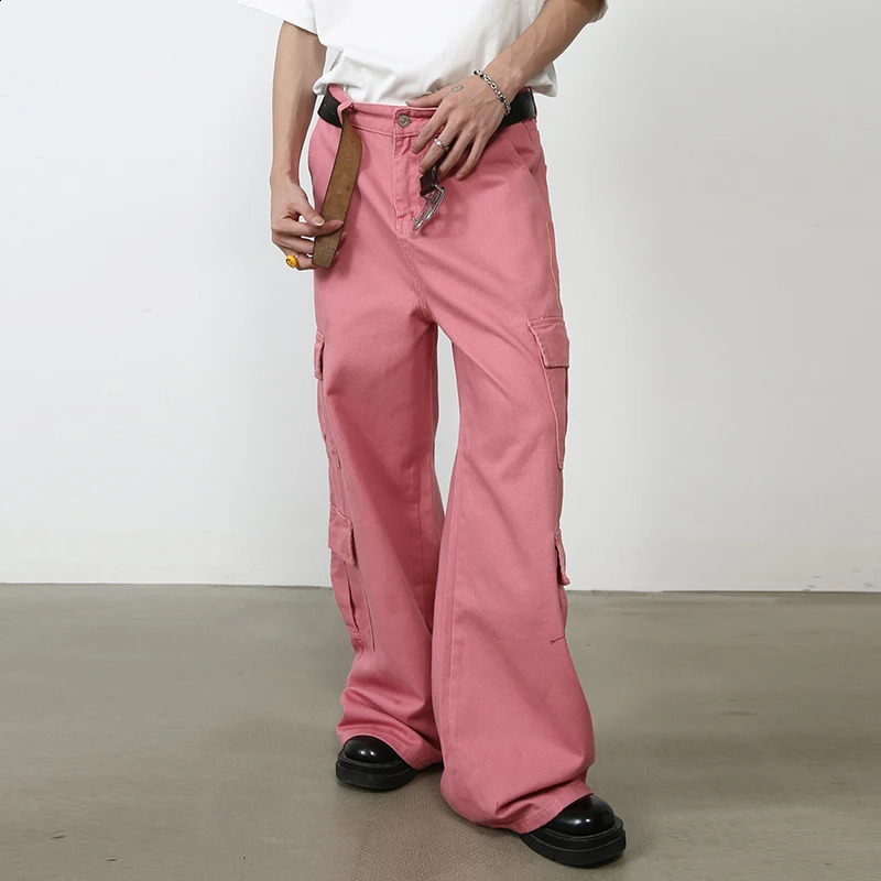 Hip Hop Street Clothing Product Pants Mens High Wide Leg Full Length Middle Waist Straight Multi Pocket Pink Trouser 240812