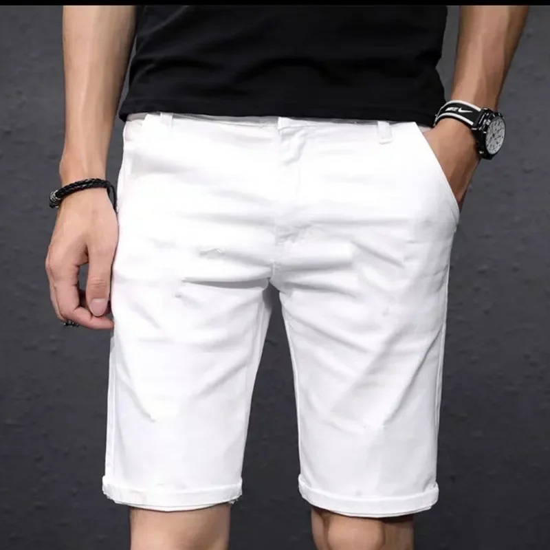 White Ripped Scratched Men Denim Shorts Casual Summer Jeans Elastic Plus Size 36 38 40 42 Black Holes Half Trousers 240812