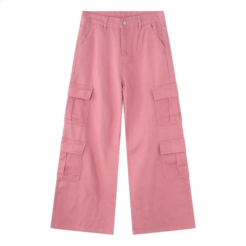 Hip Hop Street Clothing Product Pants Mens High Wide Leg Full Length Middle Waist Straight Multi Pocket Pink Trouser 240812