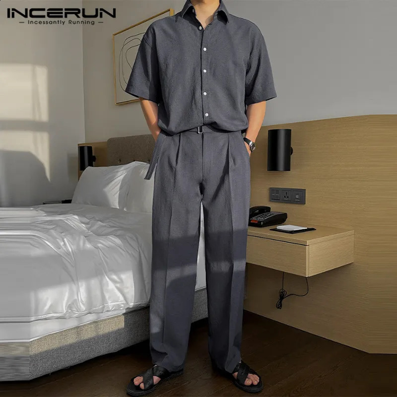 Handsome Men Sets INCERUN 2024 Solid Short Sleeved Shirts Long Pants Casual Streetwear Male Selling Two-piece Sets S-5XL 240813