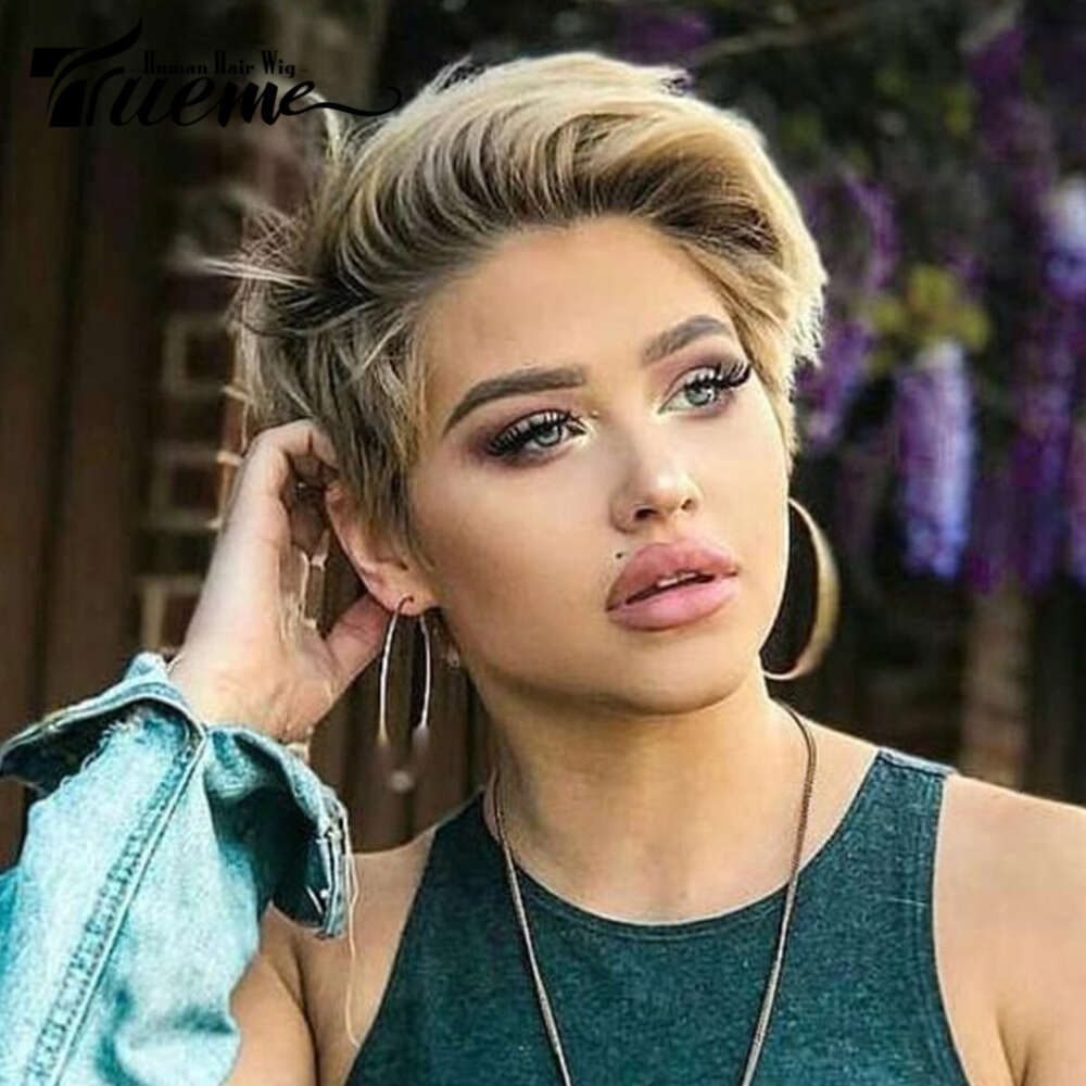 Short Highlight Pixie Brazilian Front Wigs For Women Ombre Blonde Slick Back Human Hair Lace Wig